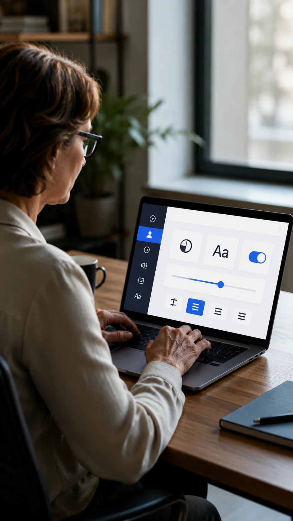 Fachkraft nutzt barrierefreie digitale Anwendung mit Screenreader und Tastaturnavigation am Arbeitsplatz