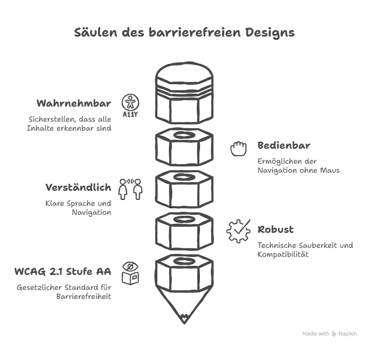Infografik mit den vier WCAG-Säulen: Wahrnehmbar, Bedienbar, Verständlich und Robust als visuelles Prinzip