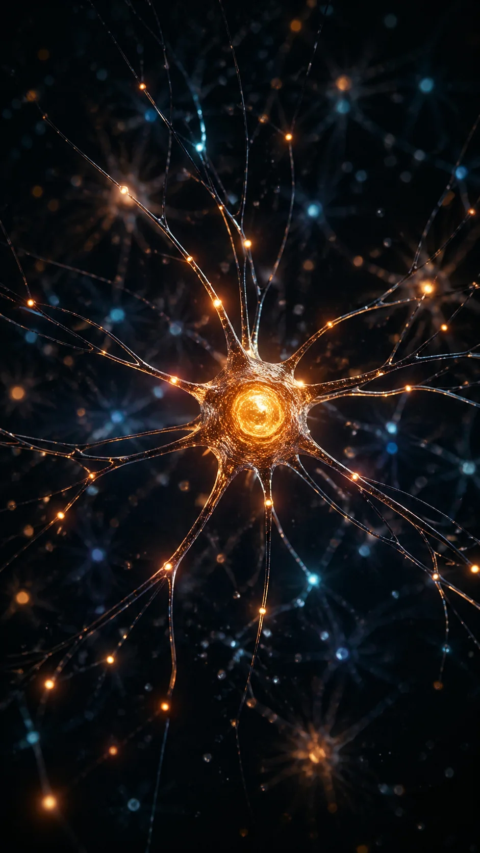 Einzelnes leuchtendes Neuron im Zentrum eines dunklen Netzwerks – Deep Learning einfach erklärt