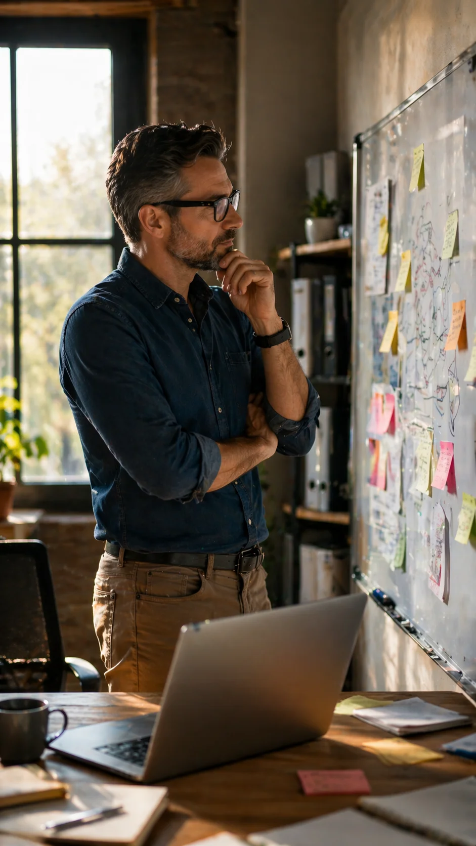 Unternehmer steht nachdenklich vor einem Whiteboard mit Prozessdiagrammen – Digitalisierung braucht Strategie