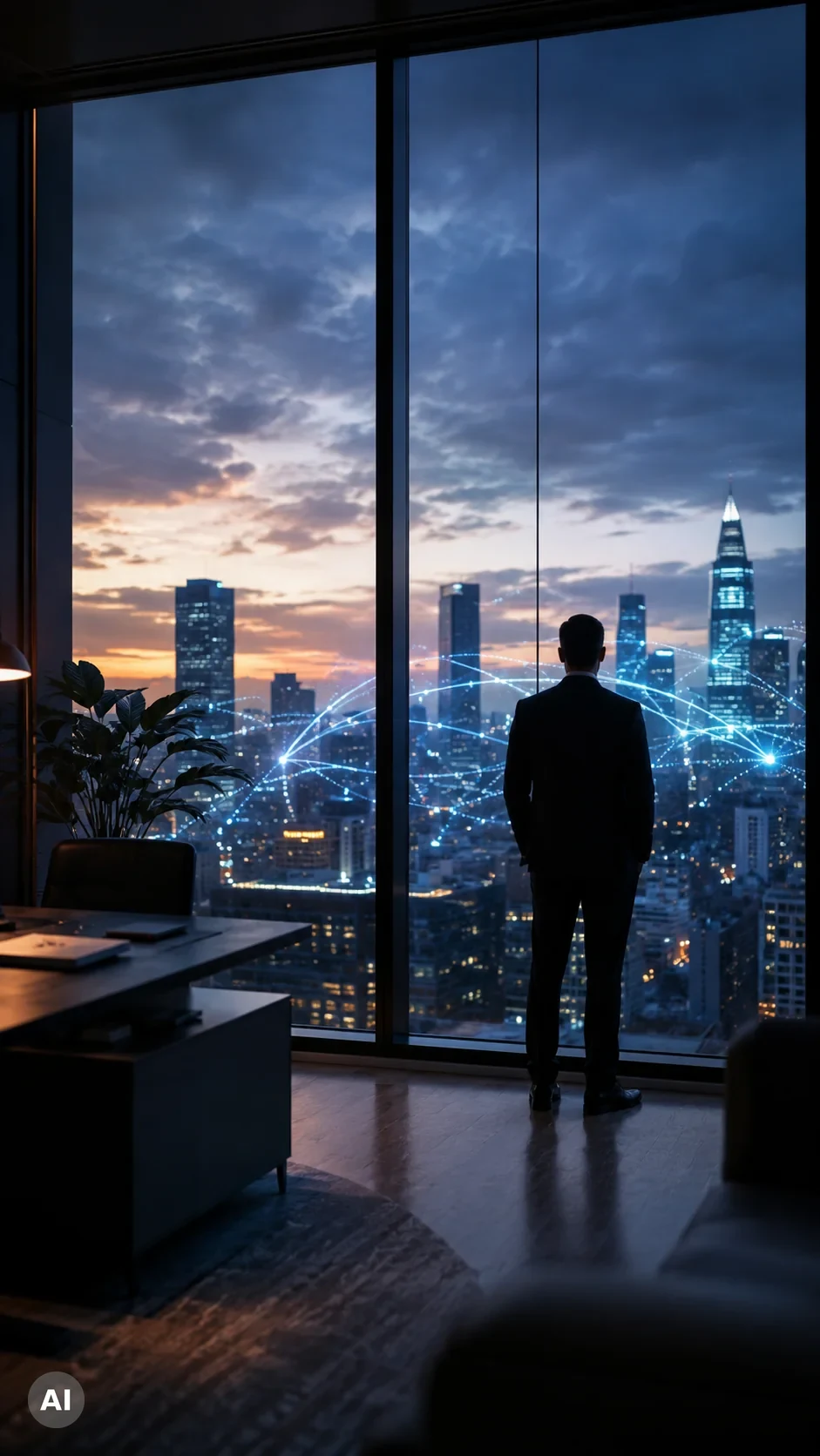 Unternehmer blickt bei Dämmerung auf eine Skyline mit vernetzten Datenströmen als Sinnbild für die KI-Entwicklung 2027