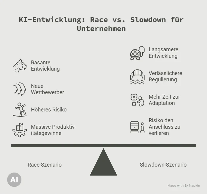 Schema der zwei KI-2027-Szenarien Race und Slowdown im Vergleich für Unternehmen