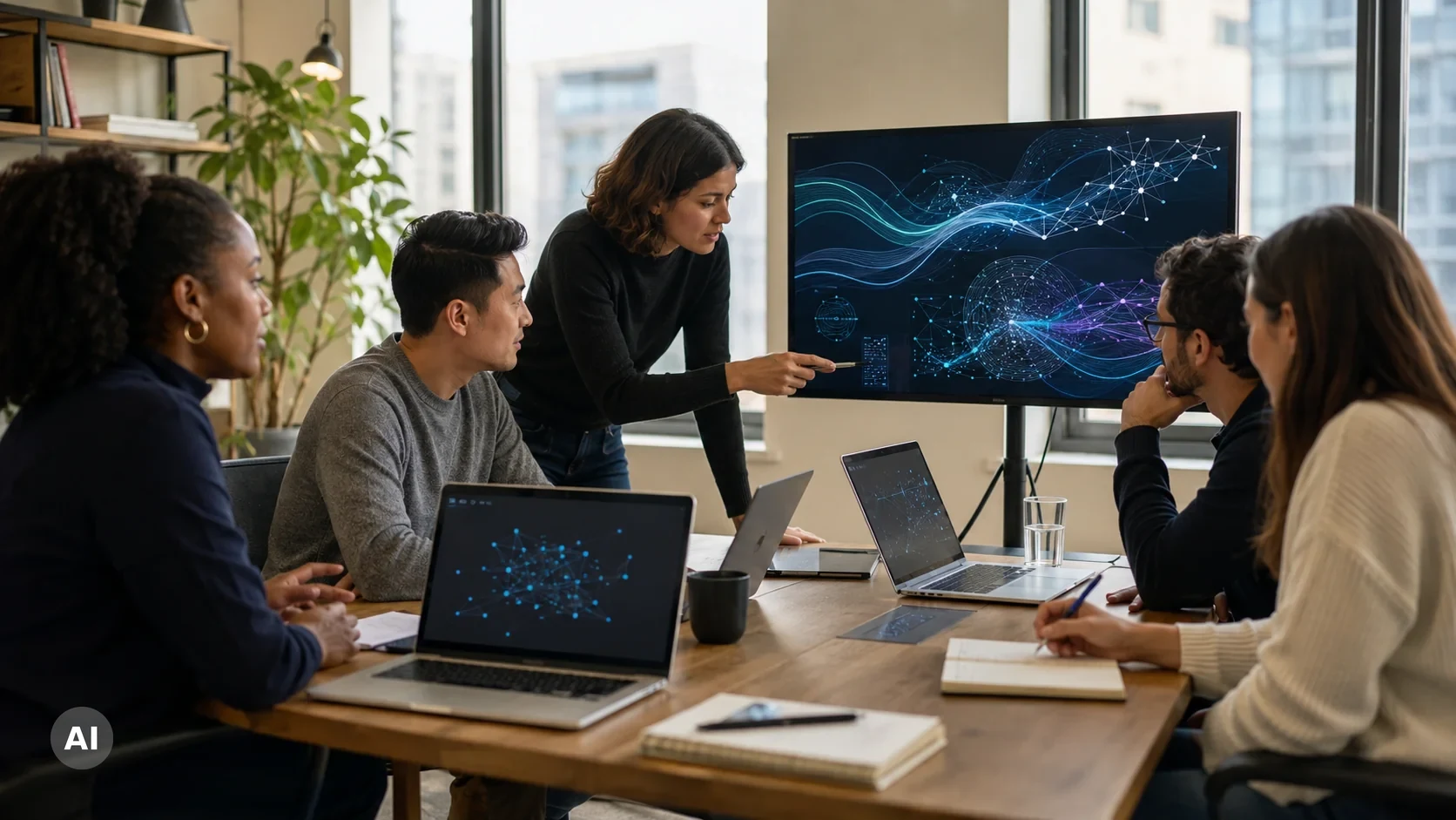 Team im Mittelstand arbeitet gemeinsam mit KI-gestützten Analysen an Laptops im Büro