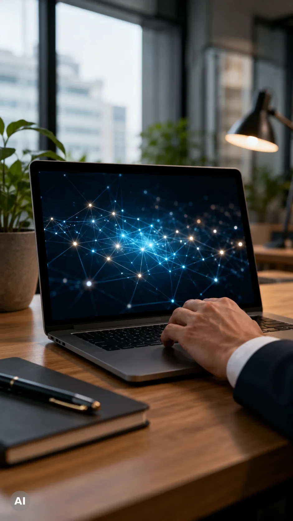 Laptop zeigt vernetzte leuchtende Knoten als Sinnbild für die Funktionsweise eines KI-Agenten
