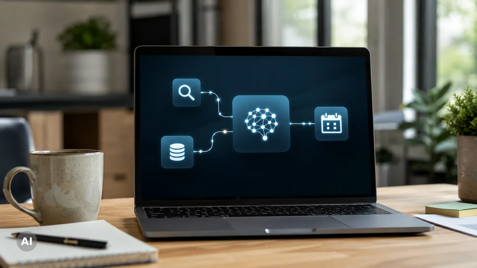 Laptop zeigt vernetzte leuchtende Knoten als Sinnbild für die Funktionsweise eines KI-Agenten