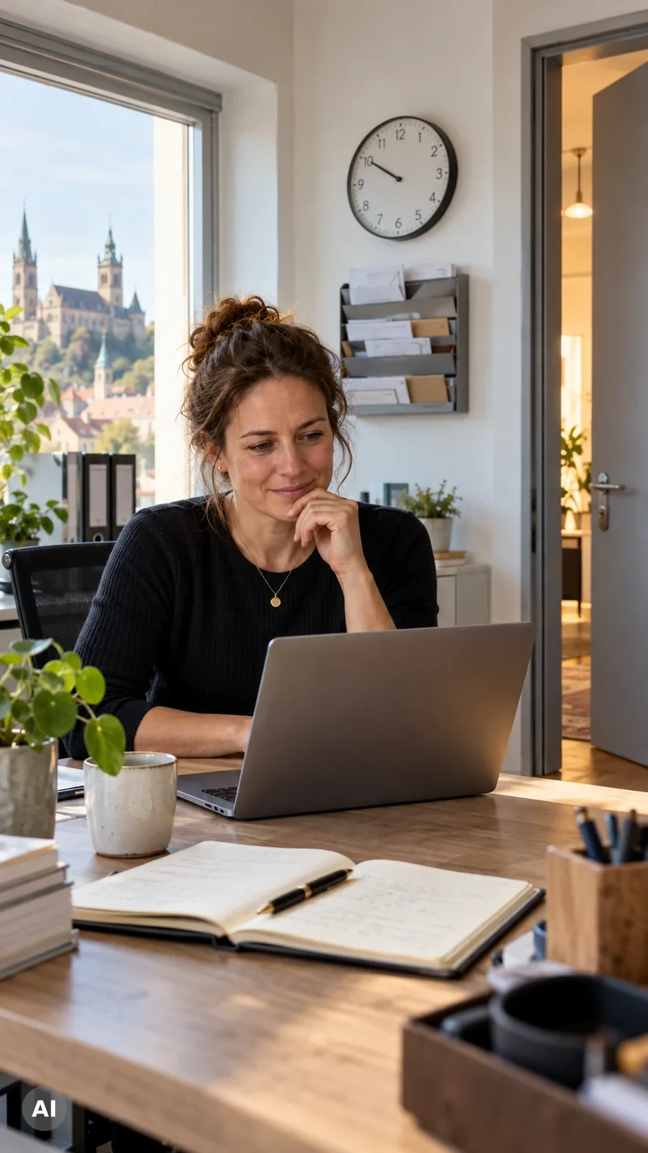 Nachdenkliche Frau im hellen Büro, die zwischen KI-Assistent, Automatisierung und KI-Agent abwägt