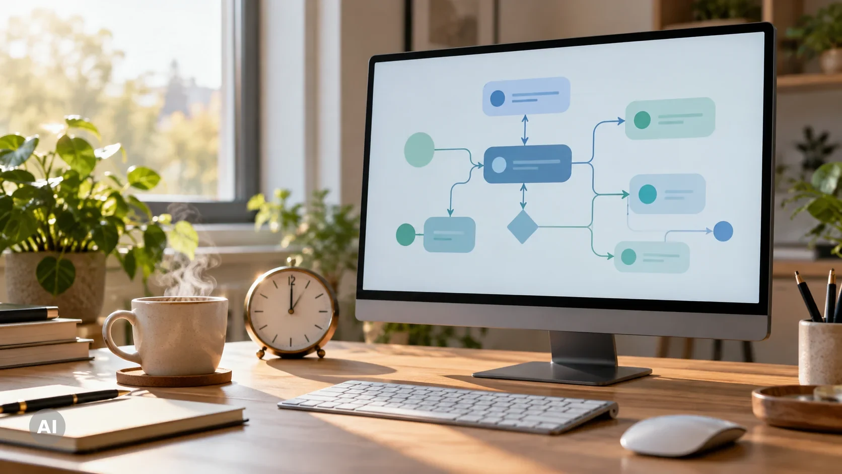 Schreibtisch mit Monitor, auf dem ein Automatisierungs-Workflow aus verbundenen Knoten zu sehen ist
