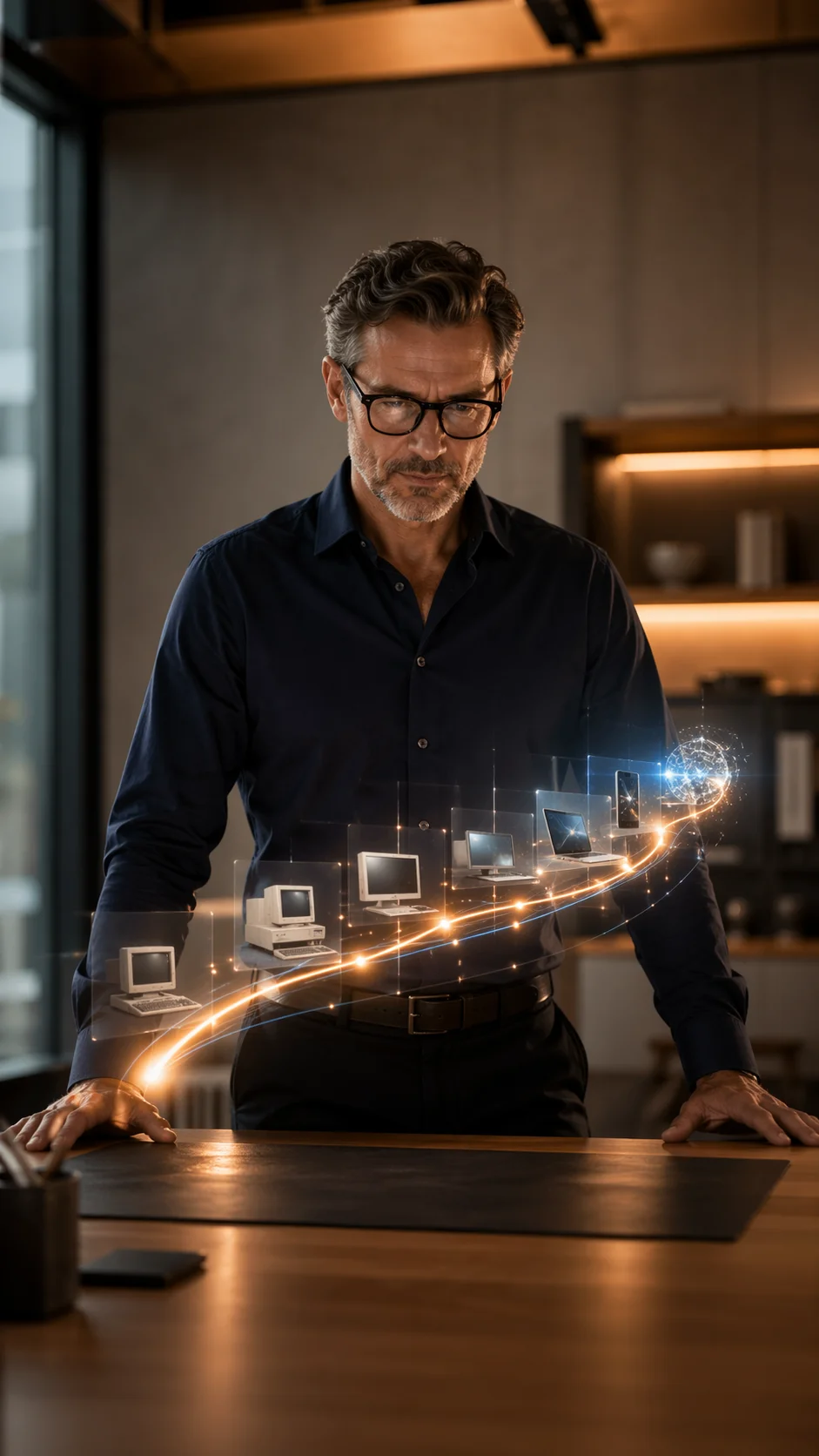 Unternehmer betrachtet nachdenklich eine digitale KI-Zeitlinie im modernen Büro
