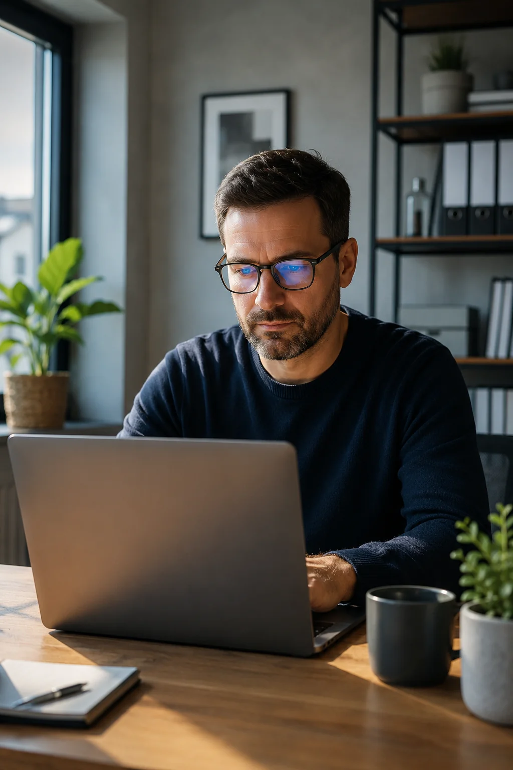 Unternehmer arbeitet konzentriert an KI-gestütztem Prompt auf modernem Laptop im Büro