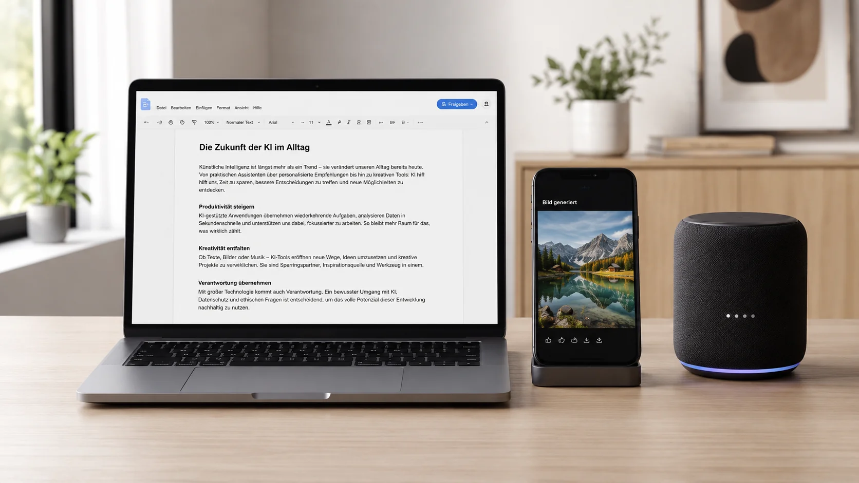 Vier Holzbausteine mit den Prompt-Bausteinen Anweisung, Kontext, Daten und Format auf hellem Tisch