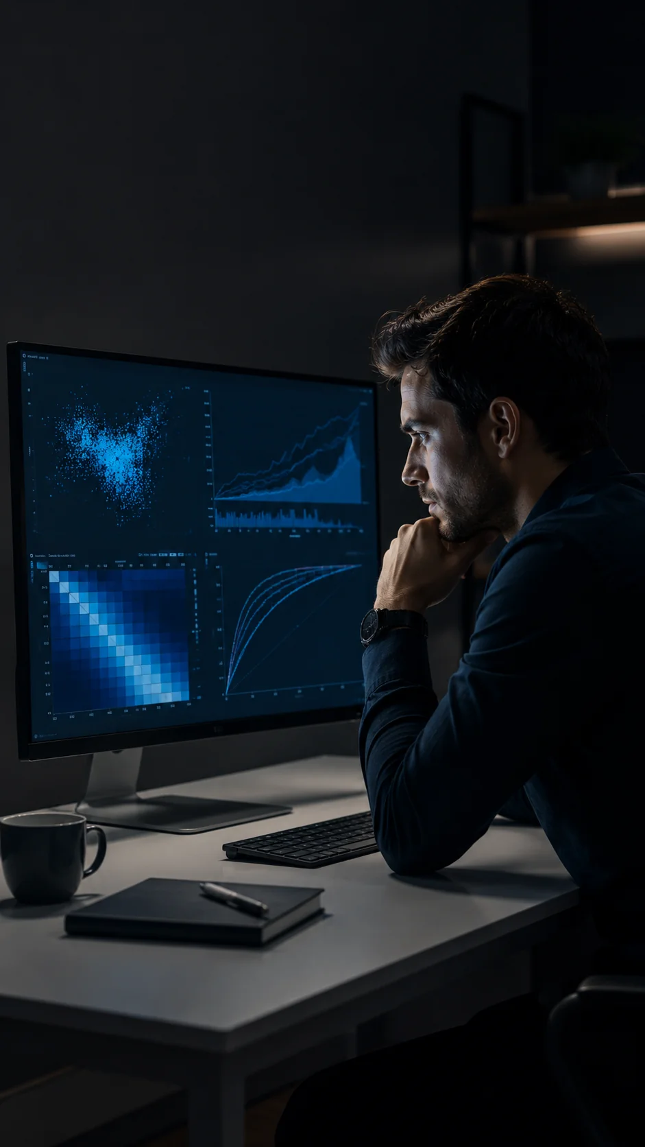 Analyst bewertet KI-Metriken auf Dashboard — Accuracy, Precision und Recall für KI-Modelle im Mittelstand