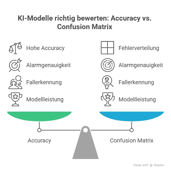 Diagramm: Confusion Matrix mit Pfeilen zu Precision, Recall und F1-Score — KI Metriken Mittelstand