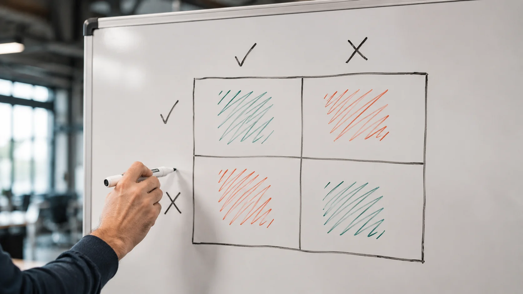 Handgezeichnete Confusion Matrix auf Whiteboard — vier Quadranten für True Positive, False Positive, True Negative und False Negative