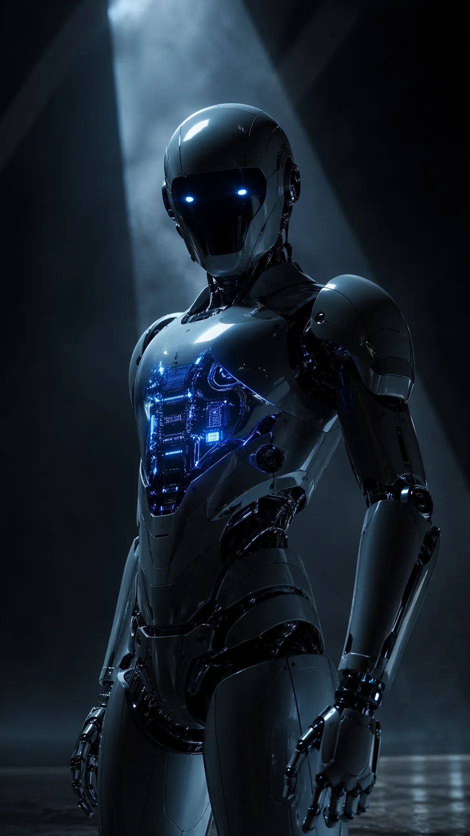 Humanoider Roboter mit leuchtend blauen Augen steht für Maschinelles Lernen einfach erklärt