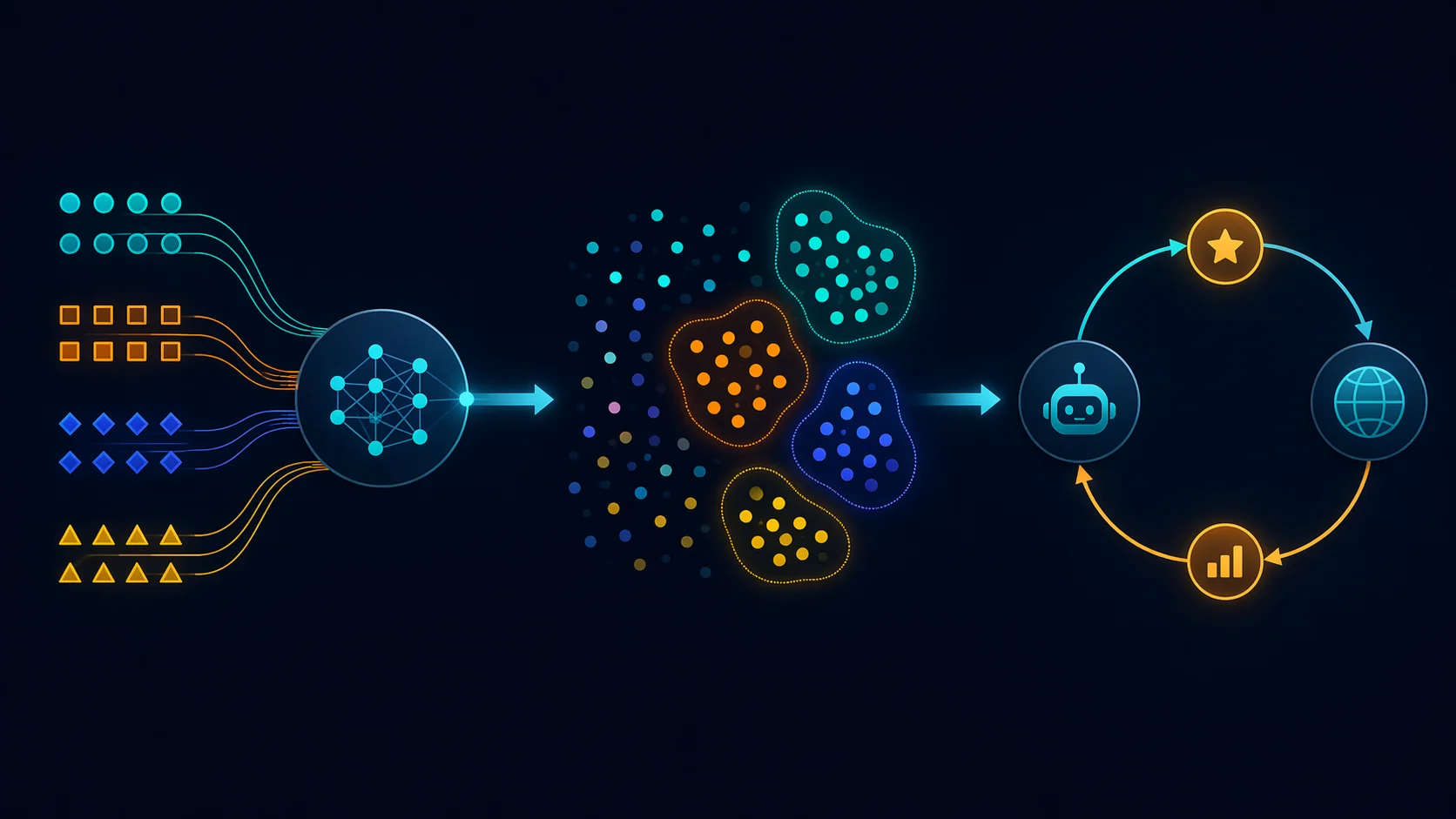 Infografik: Die 3 Lernarten Maschinellen Lernens als visueller Fluss – Supervised, Unsupervised und Reinforcement Learning