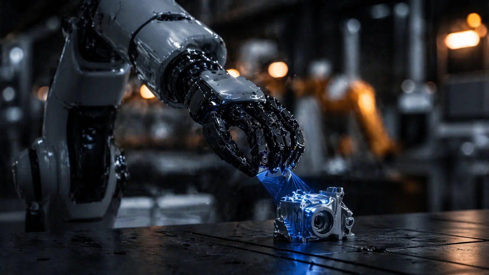 Roboterarm scannt Metallteil mit blauem Laser – maschinelles Lernen in der industriellen Qualitätskontrolle