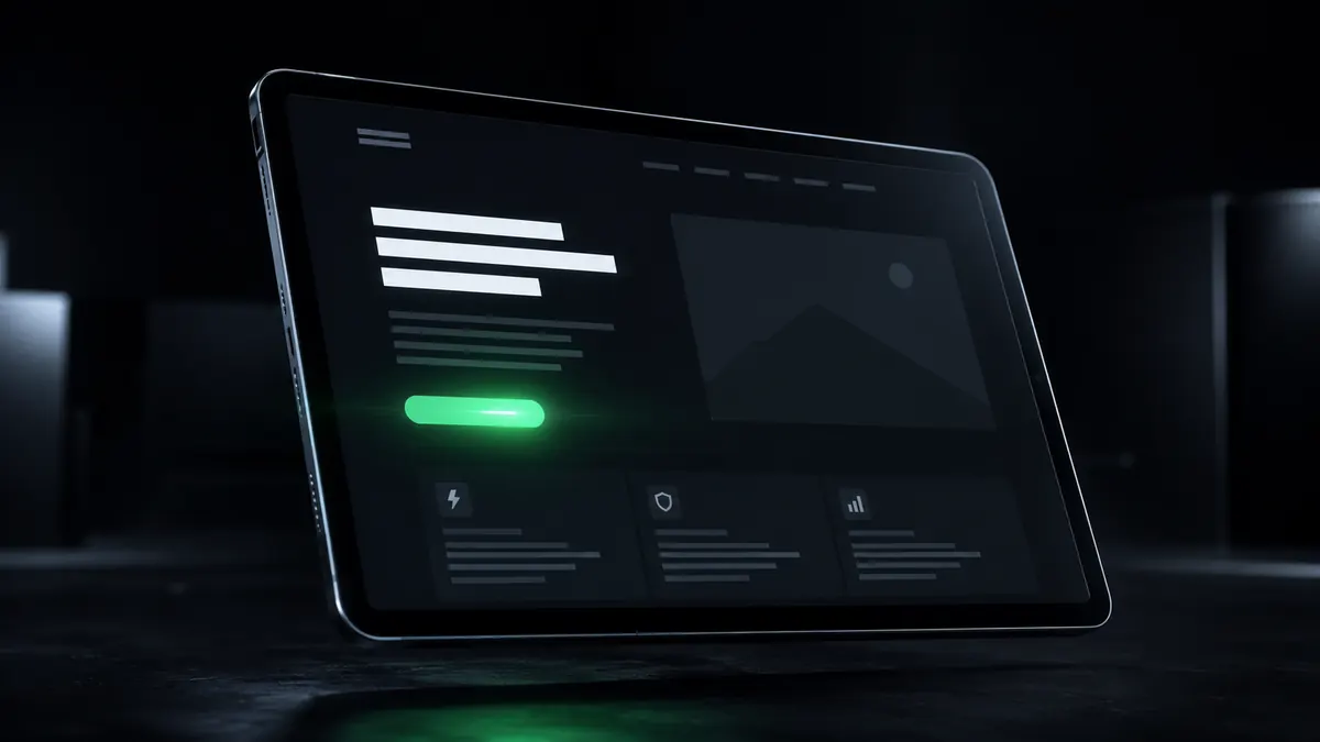 Tablet mit einer Landingpage, deren Handlungsaufruf grün hervorgehoben ist