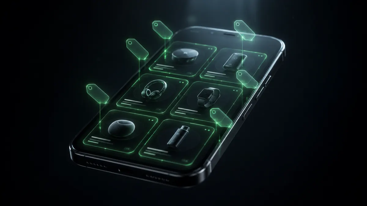 Smartphone mit Produktkacheln, an denen digitale Preisschilder hängen
