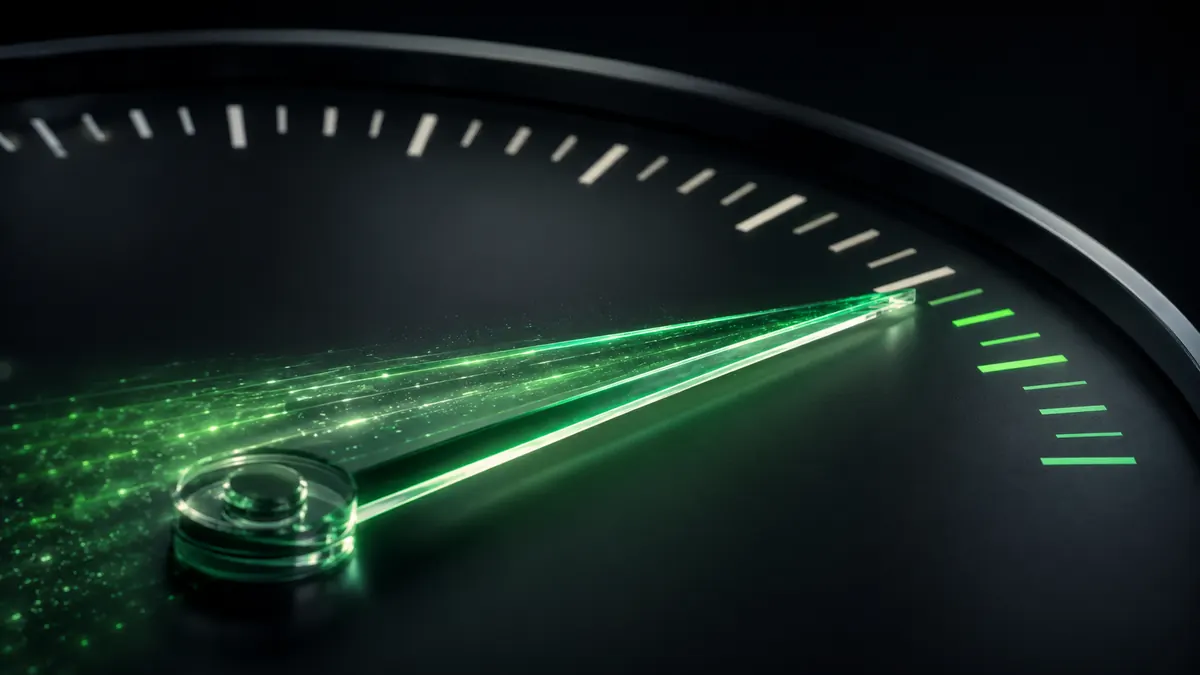Tachometer mit Zeiger im grünen Bereich als Sinnbild für kurze Ladezeit